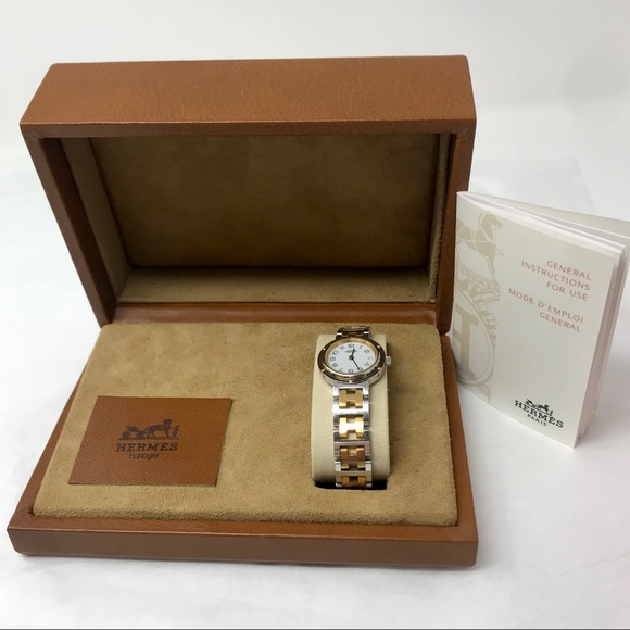 Hermès Steel & Gold Clipper Watch in Leather Case